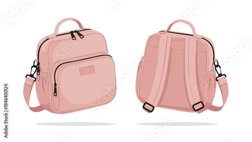 Elegant blush pink baby bag backpack illustration: Front and back views on a white background display