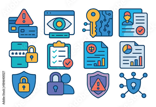 Cybersecurity icons: security, authentication, privacy, data protection, technology