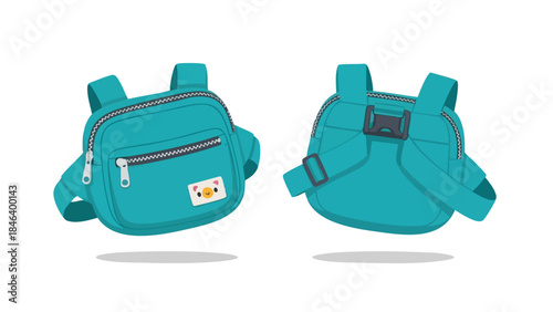 Teal sling bag showcasing a cartoon bear patch, side and back views emphasizing its utility and design elements