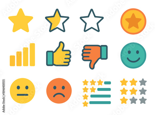 Colorful emoji set featuring stars, smiley faces, thumbs up and down, and rating bars