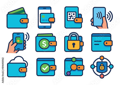 Digital wallet icon set featuring mobile payment and security symbols