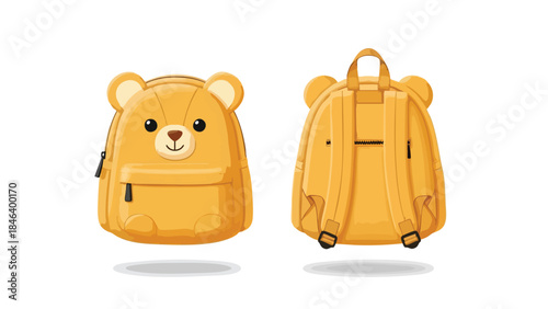 Cheerful bear-shaped backpack for kids: Front and back views of a cute yellow bag 73 characters