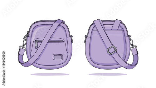 Stylish lilac crossbody bag with adjustable strap showcased from front and rear perspectives for design presentations
