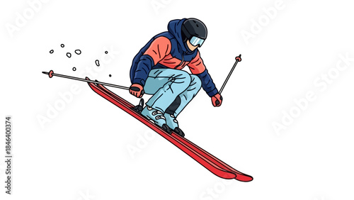 Skier in Mid-Air Executing a Jump with Ski Poles and Snow Spray