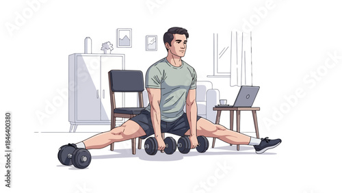 Man Doing Splits With Dumbbells, Practicing Yoga or Fitness at Home