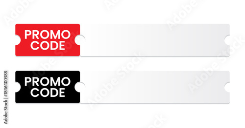 Promo Code Ticket Template for Discount and Coupon Vouchers. Vector Design of Red and Black Coupon Tear-Off Tabs. Blank Discount Voucher Strip Template with Promo Code Text.