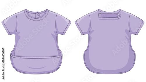 A digitally-illustrated baby bib in lavender showcases a convenient design, featuring a front pocket and back closure, ideal for messy mealtimes,