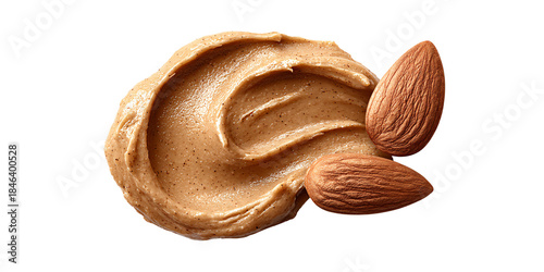 Creamy almond butter swirl with whole almonds on a black background, healthy food concept