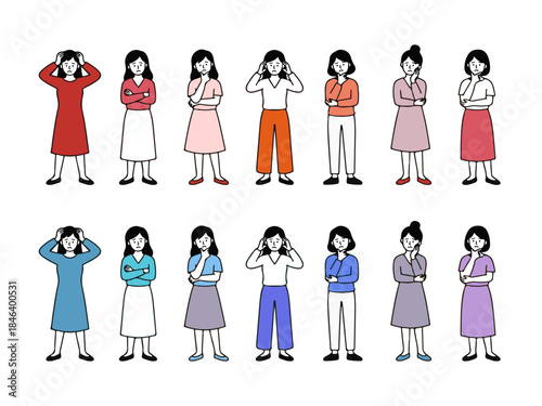 ワンピース・長袖・半袖・様々なボトムスを着用し、頭を抱えるポーズや腕組み、頬に手を当てるポーズなど、悩む表情の女性14体セット（赤、オレンジ、水色、ピンク、紫などの配色）