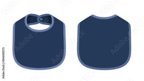 Two navy blue baby bibs showcasing front and back isolated on a white background, ideal for baby product mockups and designs
