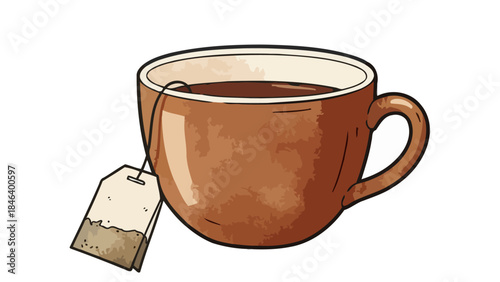 A Rustic Brown Cup of Hot Tea with a Tea Bag Steeping in it