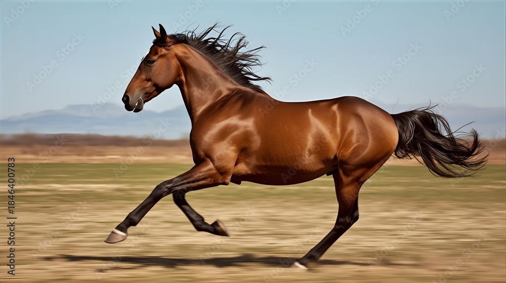 Fototapeta premium A horse galloping at full speed across an open field, flying mane