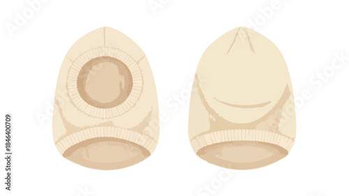 Illustrated beige balaclava hat with round face opening, showcasing front and back views on a white background