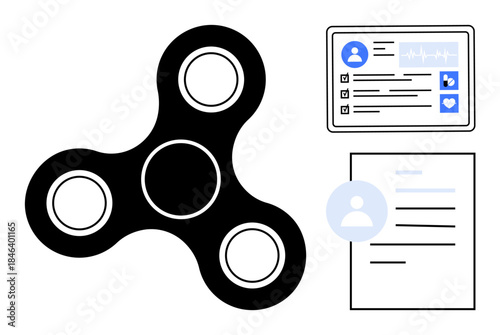 Stress relief, health records, personal management, organization, focus enhancement, productivity. A fidget spinner next to a health record and document. Stress relief and health records