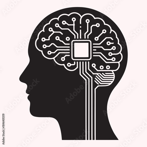 Human brain with digital circuitry isolated on white background