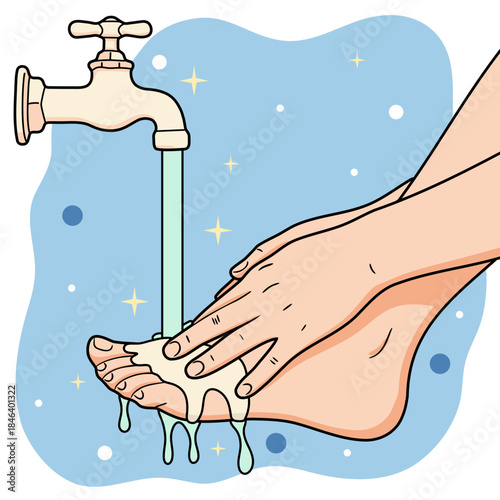 Woman washing foot with water from tap, hygiene procedure. Daily personal care and clean habit illustration for health and sanitation.