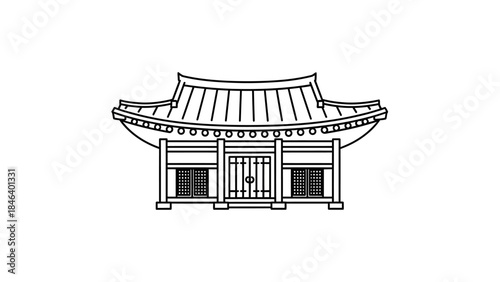 Traditional Korean Temple Building Architecture Line Art.