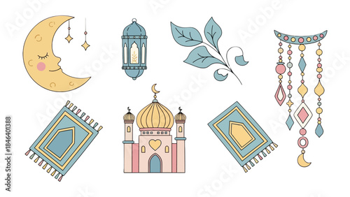 Ramadan Holiday Elements: An illustration depicting various holiday symbols related to Ramadan, featuring a crescent moon, mosque, prayer rug, and decorative ornaments.