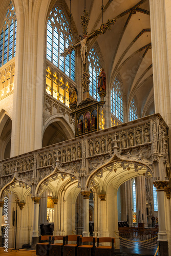Gothic rood screen and crucifix inside Saint Peters Church in Leuven