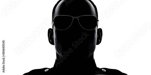 Silhouette of a man wearing aviator sunglasses, with a hint of a uniform, suggesting authority and mystery