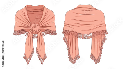 Elegant fringed shawl illustration showcasing front and back views in a soft blush pink palette evoking warmth and sophistication