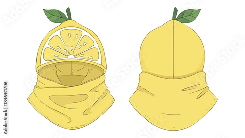 Illustration of a unique lemon head covering garment, front and back views, with a whimsical and original design concept offering a fresh perspective