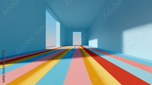 Geometric interior rendering featuring a striped floor and doorways. Sunlight casts shadows