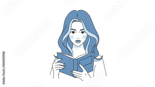 A stylized illustration of a young woman with blue hair reading an open book, depicted with line art and blue color accents.