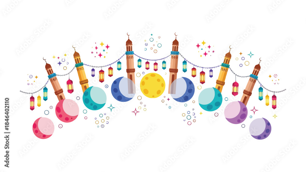 Obraz premium Islamic Festive Design: An artistic representation of a celebratory arrangement, depicting intricate minarets, crescent moons, and festive lanterns. A beautiful cultural visual. 
