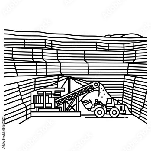 Mining excavator and loader working in a quarry.