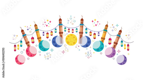 Islamic Festive Design: An artistic representation of a celebratory arrangement, depicting intricate minarets, crescent moons, and festive lanterns. A beautiful cultural visual. 