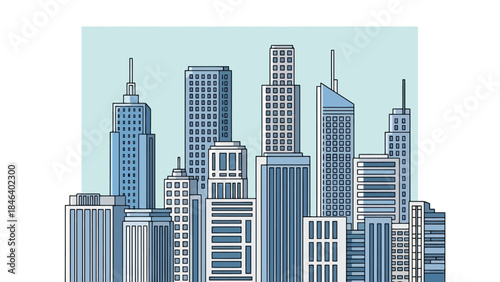 Modern Cityscape Skyline with Blue Tones and Linear Architectural Design