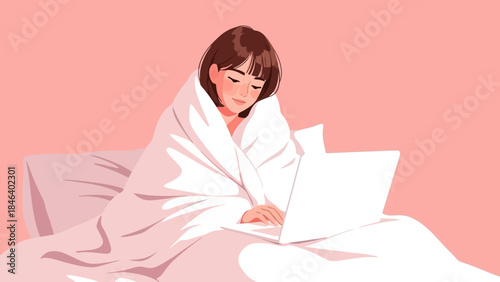 Cozy Young Woman Wrapped in Blanket Using Laptop in Bed, Relaxed Mood