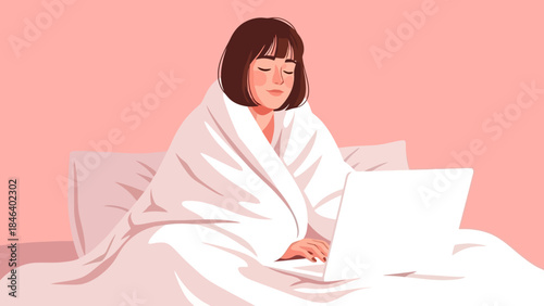 Cozy Woman Wrapped in Blanket Using Laptop in Bed, Pink Background