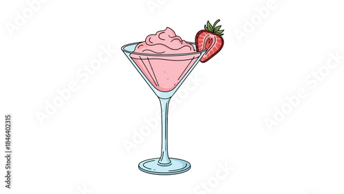 Hand-drawn illustration of pink strawberry mousse dessert in a martini glass with garnish