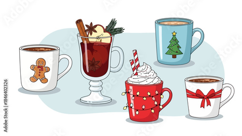 Vector Illustration of Five Festive Christmas Drinks and Hot Beverages