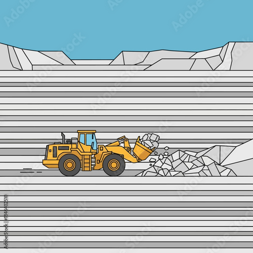 Yellow bulldozer loading rocks in a quarry.