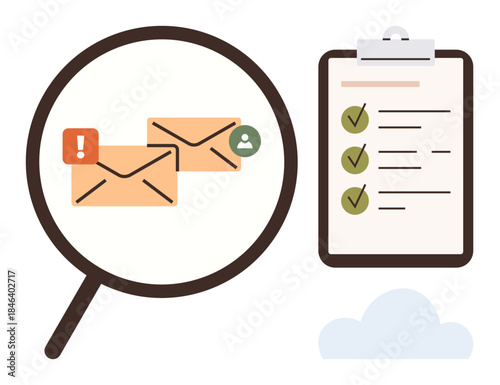 Magnifying glass examining emails with alert icons next to a checklist clipboard. Ideal for email management, priority setting, efficiency, organization, task tracking, digital workflow, simple flat