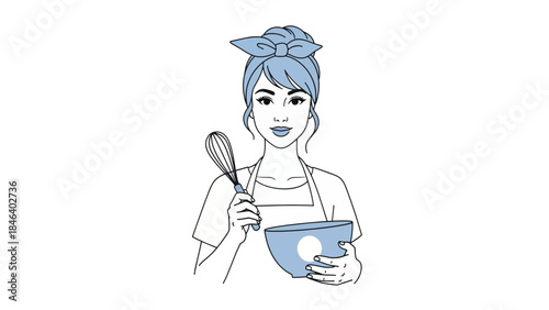 Line drawing of a young woman wearing an apron and bandana, holding a whisk and mixing bowl, ready to bake.