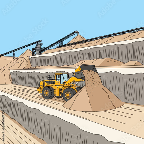 Yellow loader machine dumping sand at construction site.