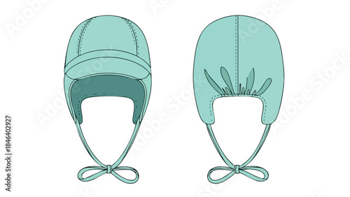 Turquoise infant winter bonnet pattern with earflaps, front and back views, showcasing vintage infant headwear style for a creative design, delicate