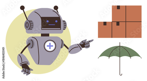 Robot pointing at stacked cardboard boxes and an umbrella, suggesting AI-supported logistics, automation, inventory management, safety, problem-solving, delivery, and secure solutions. Simple flat