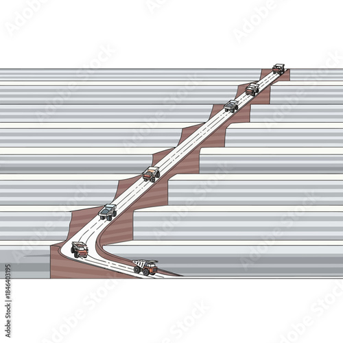 Cars driving on a winding road with multiple lanes and curves.