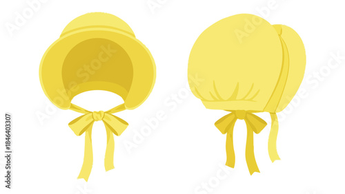 Vintage Yellow Bonnet Illustrations: Front and Side Views Depicting Classic Headwear  Stylized with Tied Ribbons and Soft Details Ideal for
