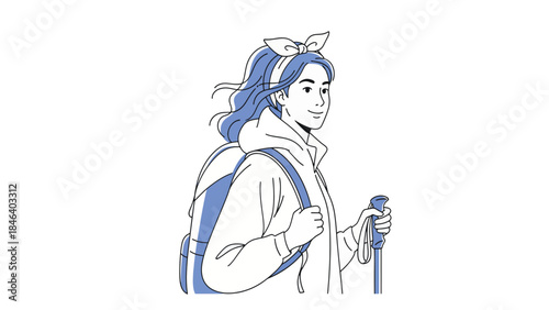 Illustration of a young woman with a backpack and hiking pole, ready for an outdoor adventure.