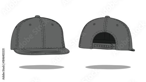 Graphic representation showcasing the front and back views of a gray snapback cap design for clothing and fashion design, showcasing contemporary