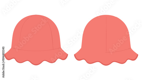 Detailed illustration featuring two angled views of a salmon pink sun hat with a wavy brim and clean lines against a white backdrop