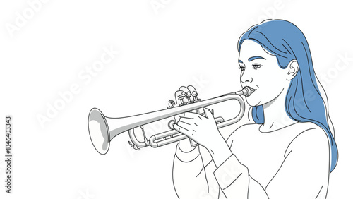 A line drawing illustration of a woman with blue hair playing a trumpet.