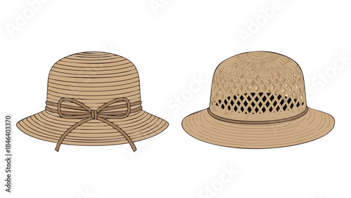 Whimsical illustration showcasing two classic straw hats, exuding vintage charm and summertime elegance with delicate details and a nostalgic