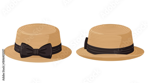 Elegant straw boater hats with classic black ribbon accents for summer sophistication